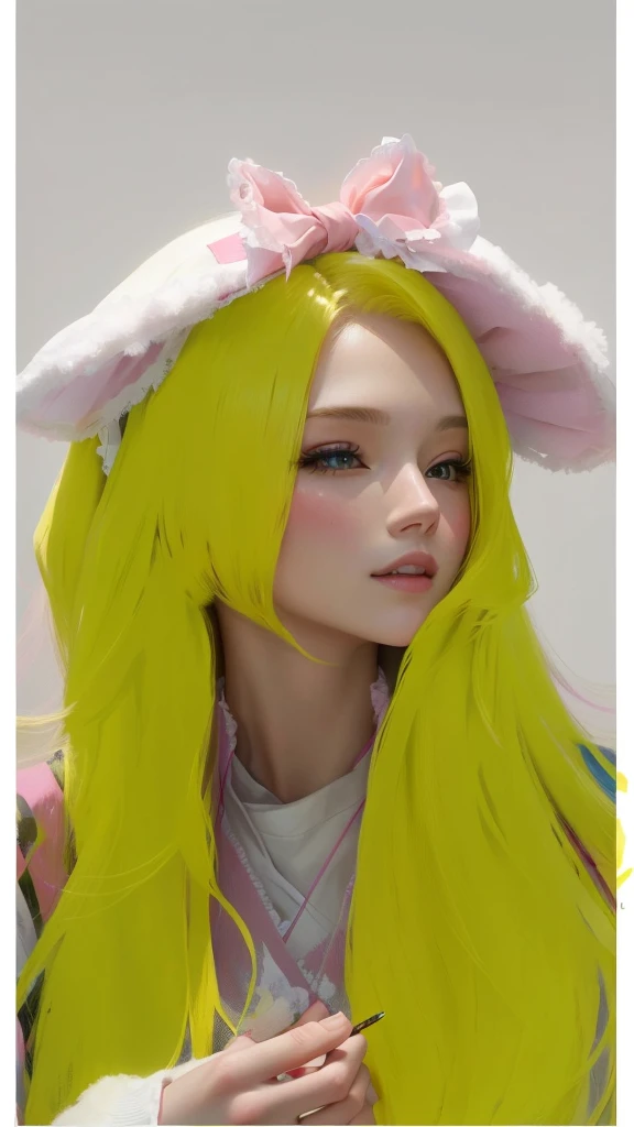 there is a woman with long Yellow hair and a pink bow, Yellow hair, painted in anime painter's studio, with rabbit ears largas y caídas, long Yellow hair, made with anime painter studio, with rabbit ears, light Yellow hair, guweiz, artwork in the style of guweiz, with big rabbit ears, CL, anime realism style, light yellow tone