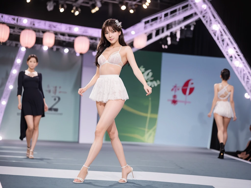 A live-action photo of an extremely beautiful Japanese high school girl race queen who highlights her beautiful legs、She was photographed walking down the runway at a fashion show wearing Gooseberry Lingerie's new underwear.、She is an eternal idol who combines a clean look with modern charm.。 She creates such beauty。 She feels her own warmth。 She creates a warm atmosphere。 We create beauty。 That's what I want to say。 In her full body photo、The figure features porcelain-like skin and golden hair that radiates a soft glow.。 This is probably、It captured the essence of her timeless charm.、This is the best shot ever.。 Each straight line and curve is carefully expressed.、Breathtakingly beautiful with impeccable detail。 This piece perfectly captures her timeless beauty.。 Divine Proportions、Sharp focus、Full-body photo taken by Kishin Shinoyama、high quality、High resolution、Detailed Background
