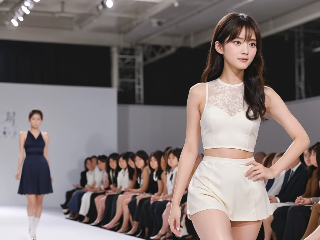 A live-action photo of an extremely beautiful Japanese high school girl race queen who highlights her beautiful legs、She was photographed walking down the runway at a fashion show wearing Gooseberry Lingerie's new underwear.、She is an eternal idol who combines a clean look with modern charm.。 She creates such beauty。 She feels her own warmth。 She creates a warm atmosphere。 We create beauty。 That's what I want to say。 In her full body photo、The figure features porcelain-like skin and golden hair that radiates a soft glow.。 This is probably、It captured the essence of her timeless charm.、This is the best shot ever.。 Each straight line and curve is carefully expressed.、Breathtakingly beautiful with impeccable detail。 This piece perfectly captures her timeless beauty.。 Divine Proportions、Sharp focus、Full-body photo taken by Kishin Shinoyama、high quality、High resolution、Detailed Background