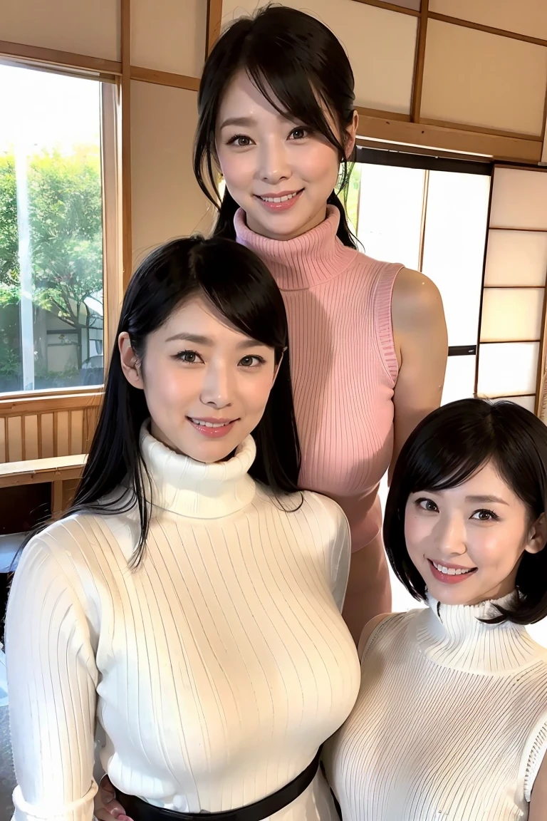 (((Group photo of three Japanese beauties)))、Everyone has a different style and hairstyle, beautiful、Sexual pose、White turtleneck sleeveless knit sweater、Accentuate your breasts、living room