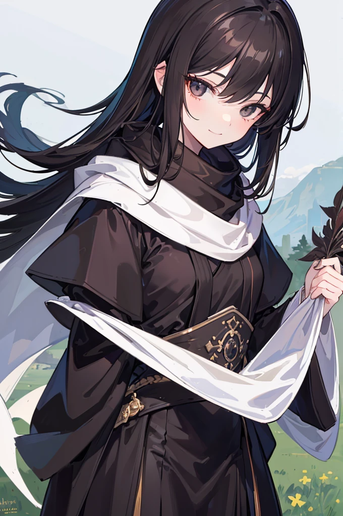 masterpiece, best quality, very detailed face, 1girl, black hair, long hair, black eyes, evil smile, (black robes with white shawl), (brown scarf), grassy field, detailed background, full body,