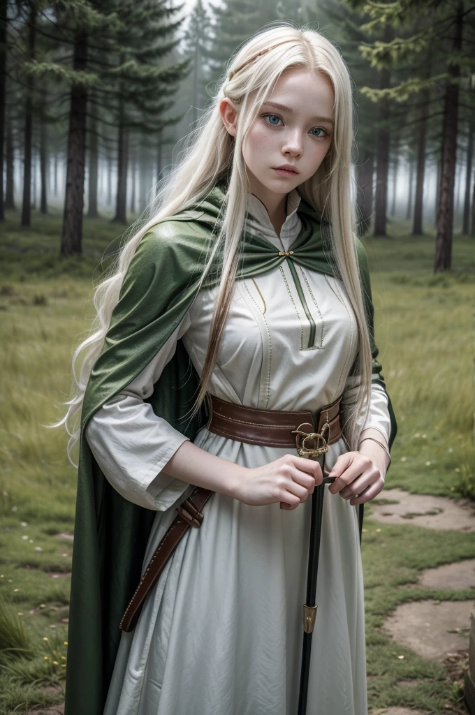 A 16-year-old girl with albinism, characterized by her fair skin and striking light eyes. "
"She has long, flowing white hair. "
"She is dressed in traditional medieval archer attire, including a leather tunic, a green cloak, and arm guards. "
"She carries a quiver full of arrows on her back and holds a bow. "
"She is standing in a misty field with tall, green grass, and the background shows a forest shrouded in fog.