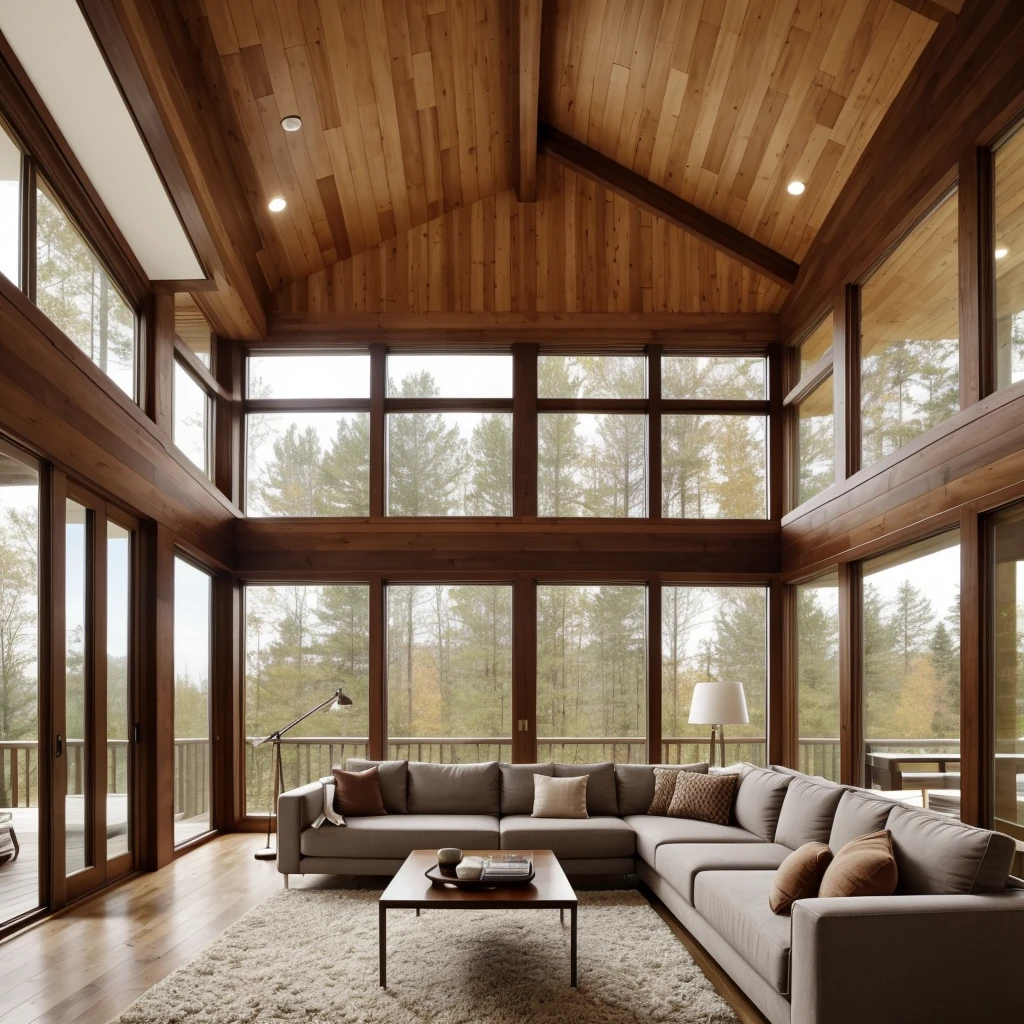 A double-height ceiling living room with a large, floor-to-ceiling window on one side of the log cabin. Outside, the view is completely white, giving a sense of a blank canvas. The living area is furnished with plush, contemporary sofas and chairs in neutral tones, grouped around a low, central coffee table. The room's color palette is composed of dark brown and warm tones, with the soft lighting from various lamps adding a cozy ambiance.
