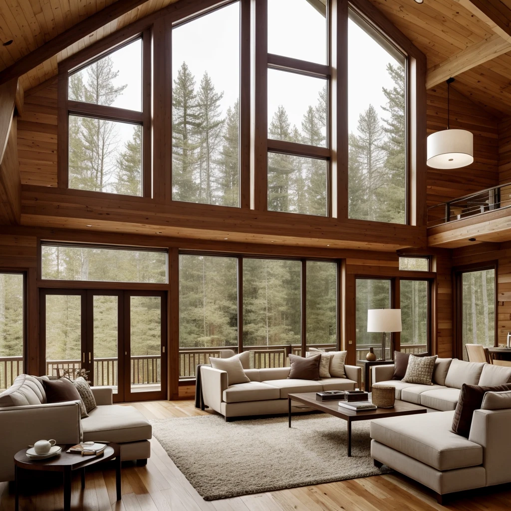 A double-height ceiling living room with a large, floor-to-ceiling window on one side of the log cabin. Outside, the view is completely white, giving a sense of a blank canvas. The living area is furnished with plush, contemporary sofas and chairs in neutral tones, grouped around a low, central coffee table. The room's color palette is composed of dark brown and warm tones, with the soft lighting from various lamps adding a cozy ambiance.