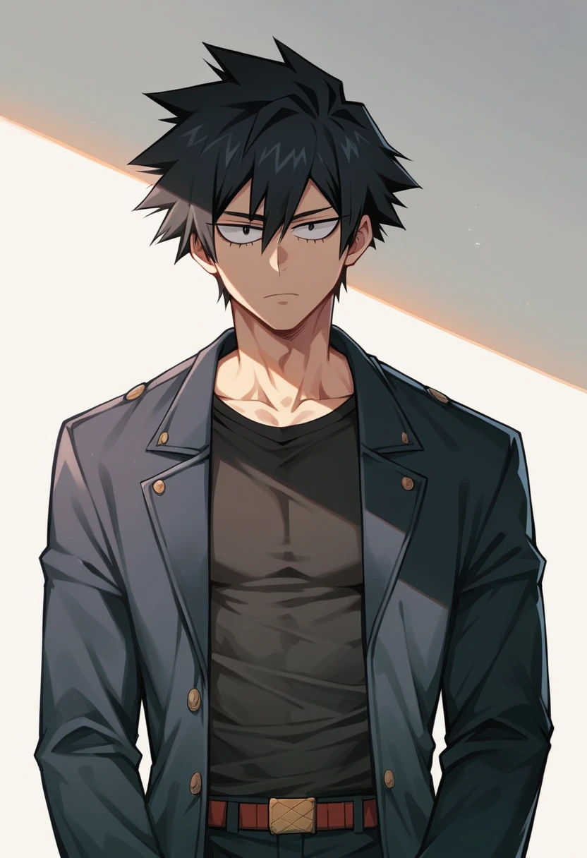 A highschool boy, handsome, perfect body, black hair, short hair, mullet black eyes, expressionless, black shirt, black jacket, anime, first-person view, My Hero Academia art style, masterpiece, anatomically correct, high details, highres, best quality, super detail, 1080P