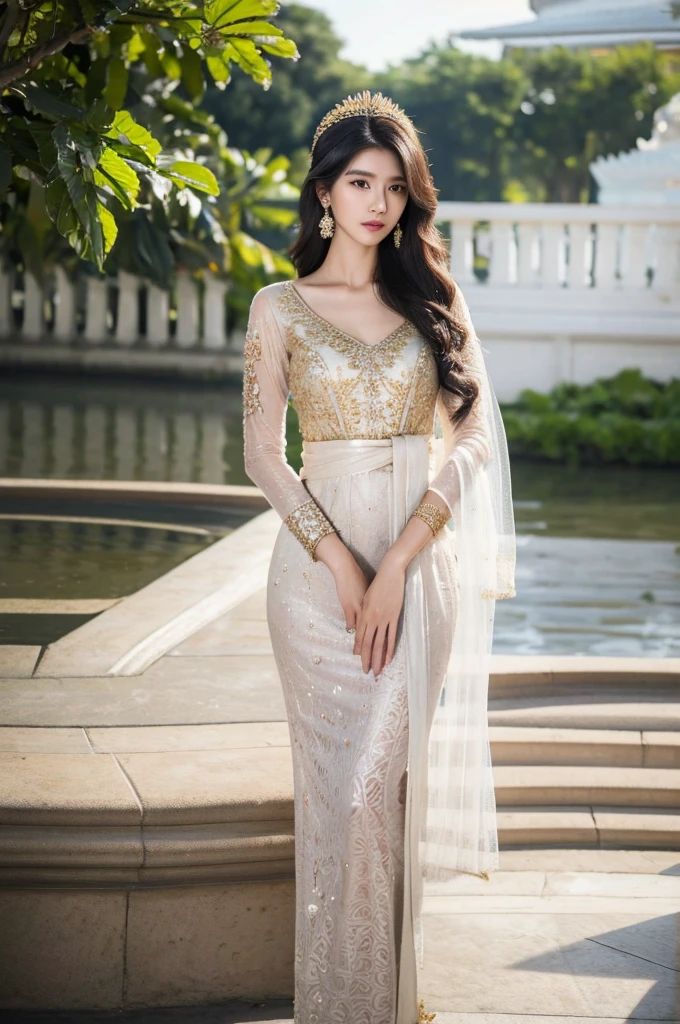 1girl, 176cm,small natural round breasts,36-24-36 body ratio, korean model, golden Chinese headress, very wet skin, facial expression, 23 years old, soft body, black hair, wavy hair,whole body, hair reaches waist, whole body,((head to leg)), gold bracelets, black chain,((wearing white Kebaya)), floral gold pattern long skirt, large earrings,close-up, 8k, RAW photo, best quality, masterpiece,realistic, elegant standing pose, photo-realistic,seductive,cute,royal palace background, rchelcia, looking into viewer