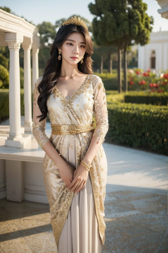 1girl, 176cm,small natural round breasts,36-24-36 body ratio, korean model, golden Chinese headress, very wet skin, facial expression, 23 years old, soft body, black hair, wavy hair,whole body, hair reaches waist, whole body,((head to leg)), gold bracelets, black chain,((wearing white Kebaya)), floral gold pattern long skirt, large earrings,close-up, 8k, RAW photo, best quality, masterpiece,realistic, elegant standing pose, photo-realistic,seductive,cute,royal palace background, rchelcia, looking into viewer