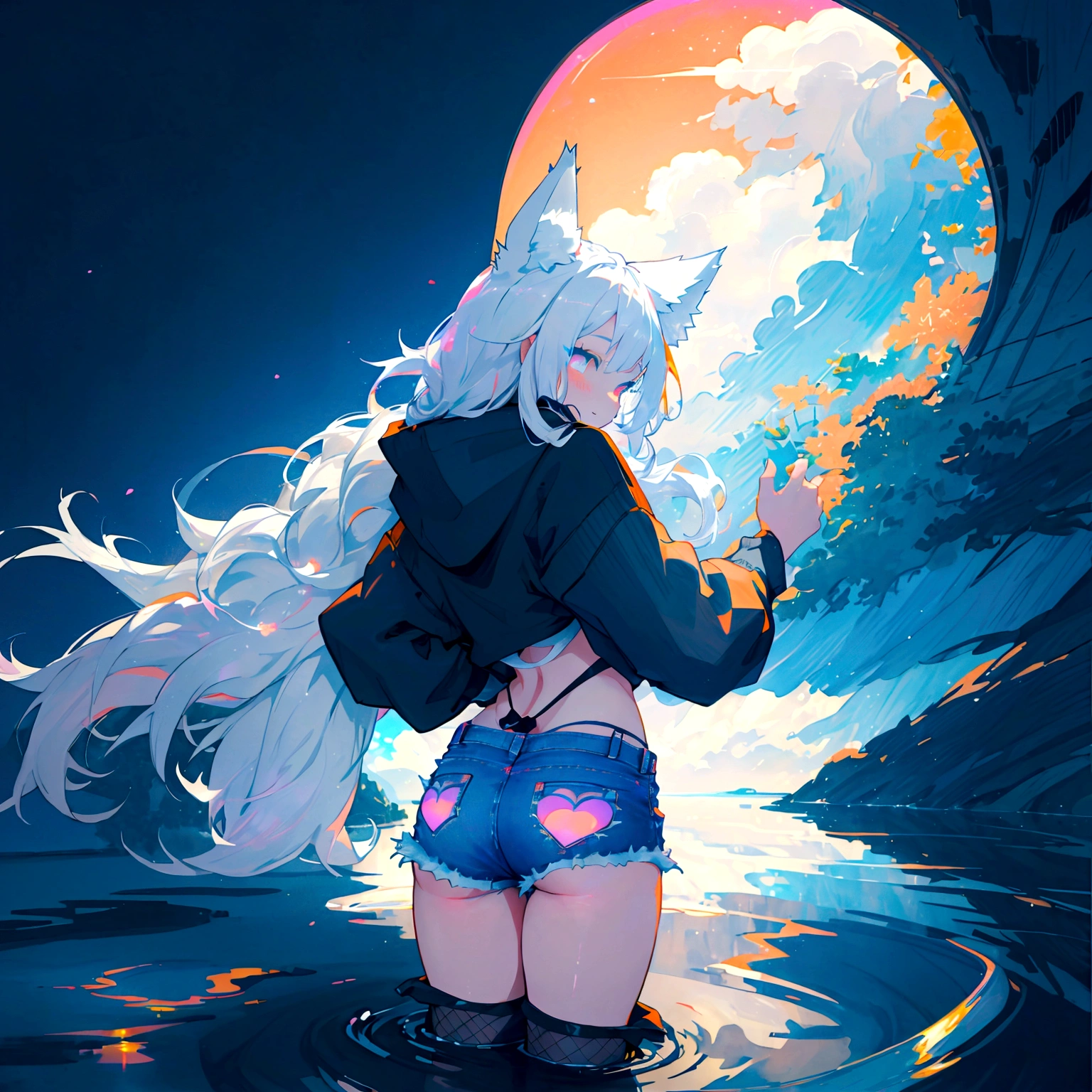 a cute adult male with wolf ears, long white hair, long locks, has a wolf tail, wearing a loose cropped black hoodie, wearing a pair of denim short shorts and fishnet stockings, thick thighs, wide hips, relaxing on mound of fluffy multi colored kawaii plushies, short, very slim, showing slender tummy, heart on hoodie, squishy thighs, has glowing blue eyes. alone, solo (ALONE)(SOLO), surrounded by rainbows, colorful galaxy backround, smiling, stretching out, water reflection, shot from behind, had a nice butt, wedgie