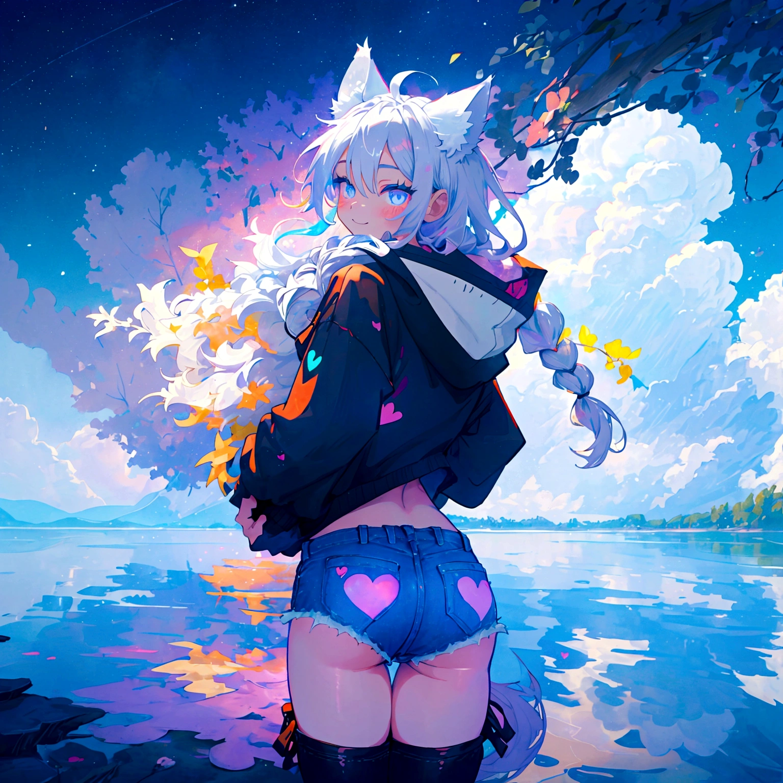 a cute adult male with wolf ears, long white hair, long locks, has a wolf tail, wearing a loose cropped black hoodie, wearing a pair of denim short shorts and fishnet stockings, thick thighs, wide hips, relaxing on mound of fluffy multi colored kawaii plushies, short, very slim, showing slender tummy, heart on hoodie, squishy thighs, has glowing blue eyes. alone, solo (ALONE)(SOLO), surrounded by rainbows, colorful galaxy backround, smiling, stretching out, water reflection, shot from behind, had a nice butt, wedgie