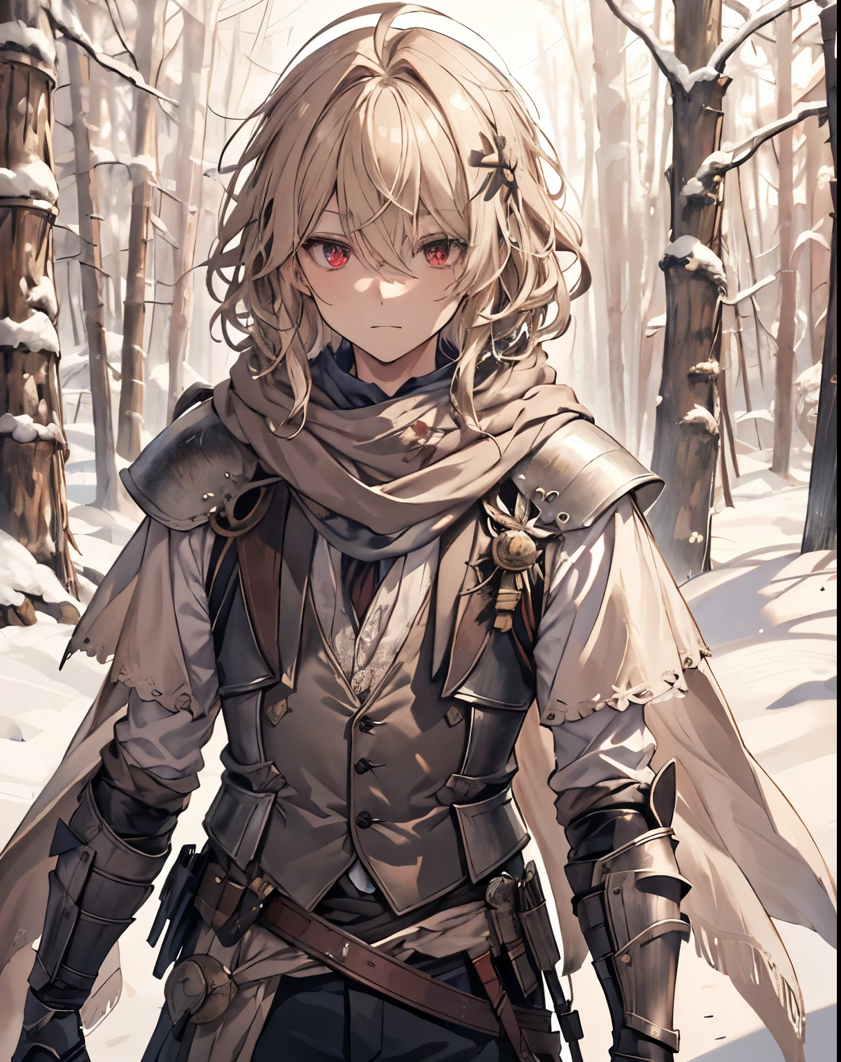 masterpiece, 1men, sparrow, a blonde haired men, wearing a villager clothes, curly medium hair, messy hair, slim body, wearing knight clothes, he close her left eye, shirt ornament, serious expression, red eyes, stand at snowy forest, ahoge, grey vest, shawl, full armor, beautiful eyes
