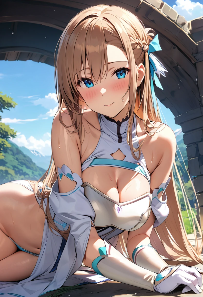 ((masterpiece)), Highest quality, Very detailed,(One Girl),Yuki Asuna、Asuna (stay), bare shoulders, breastplate, armor, detached sleeves, gloves, white gloves, dress, white dress, Long Hair,Beautiful background ,Clothing, chest, Bent body,Lie in, Look to the side, Hot body、Sweaty、
