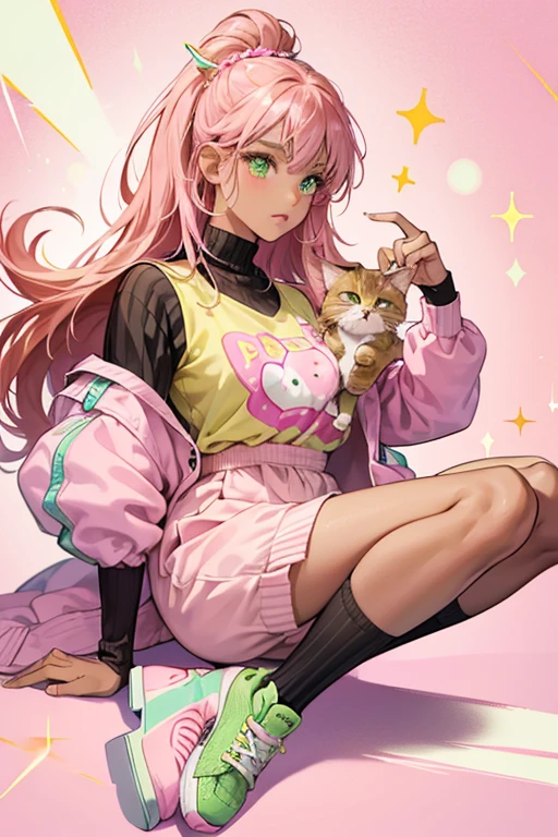 Cat has a brown skin-tone and light green eyes. Cat has glittery eyes and hair. Now she wears a pink jersey jacket with white striped pink sleeves on top of a glittery pink tee with the letter B on it for Baby Cat. She now has painted pink legs with black stripes and white socks underneath red glittery shoes. SPARKLE; GLITTER