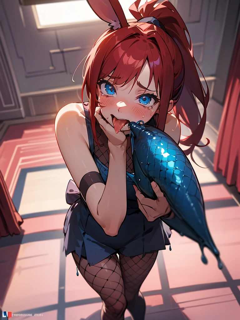 Highest quality,High resolution,１People Girl,whole body,look up,looking at the camera,ponytail,Crimson hair,Blue eyes,indoor,Bedroom,Bunny girl,Fishnet tights,Dim lighting,Dripping a lot of saliva,Drooling,Stringy saliva,Open your mouth,Sticking out tongue,Saliva,Tears,cry,