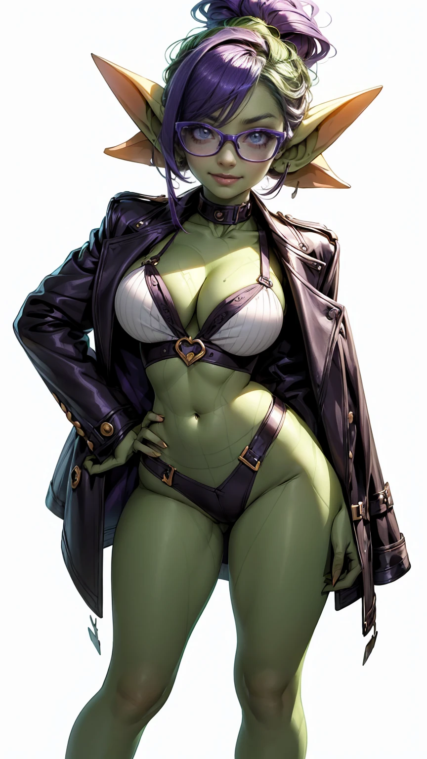 ((best quality)), ((masterpiece)), (detailed), goblin girl, (green skin), purple hair, glasses, cleavage, sexy, romantic lighting, full body, standing in front of a white background, posing for picture, simple background, front pov, low pov, posing for portrait, posing for full body picture, smiling, standing straight and tall, shortstack