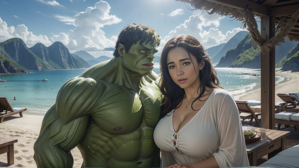 ((("Photorealistic hulk and Wife on Vacation")))
Subject: A captivating photorealistic photograph capturing hulk and his wife enjoying a vacation together in a picturesque setting.
Type of Image: Photorealistic photograph.
Art Styles: Realism, Romantic.
Art Inspirations: hulk iconic appearance and the joy of vacation.emilia clarke, large breasted 
Characters: hulk and his wife depicted in a relaxed and intimate vacation moment.
Background: A stunning vacation spot, such as a serene beach, scenic mountain landscape, or vibrant city square, creating a sense of romance and escapism.
Camera: Medium shot.
Pose: Natural and affectionate pose that highlights their bond and the beauty of the vacation spot.
Lighting: Soft and warm lighting, enhancing the romantic ambiance of the scene.
Resolution: High-resolution, capturing intricate details of the characters and the vacation backdrop.

Camera Lens: 50mm.
View: Medium shot.