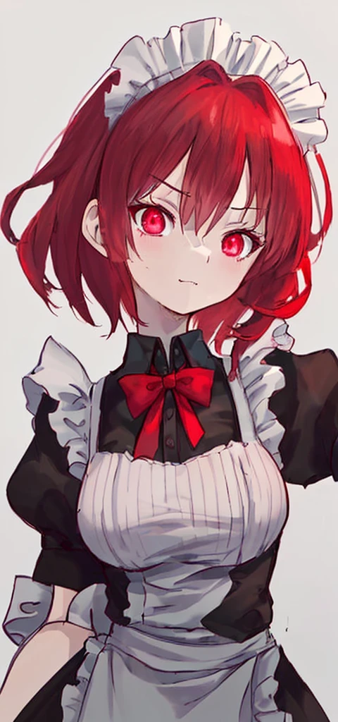 Red hair,Hair growing to the neck,Slightly short,Self-made roll,Black maid outfit,Cold expression,1.53 meters,Big Breasts,Shorter,Good posture,Sharp eyes,High and cold,Chuckling,Front view,The body is strong,