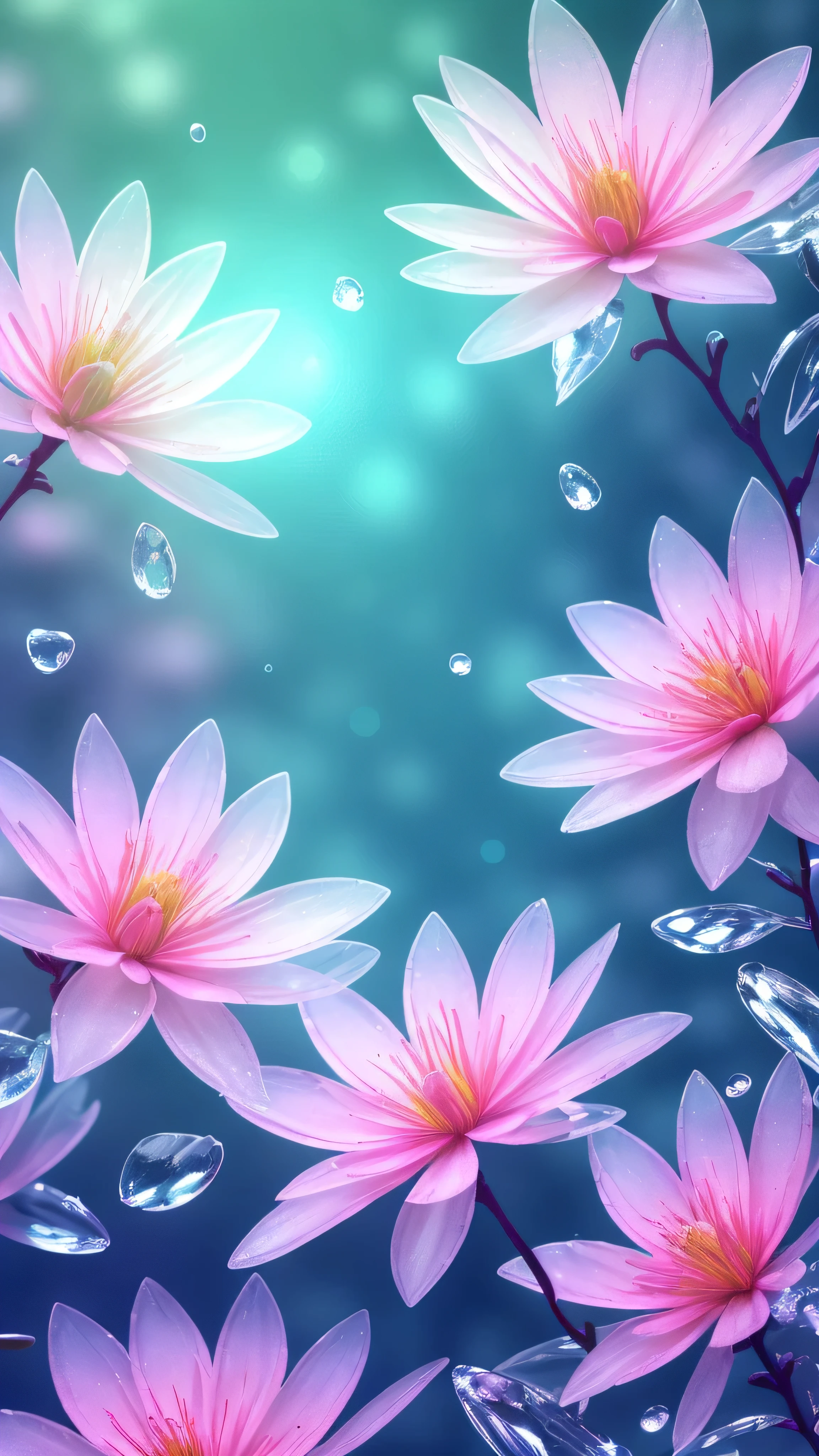Crystal Spring Flower，pink and white gradient，water滴，Fantastic, Milky Way, transparent,, pink and white gradient，water滴，water色の葉，Shine, Shine, shine, water，colorful，, Magical photo of pale blue leaves, Dramatic lighting, Photographic realism, Super detailed, 4K, Depth of written boundary, High resolution