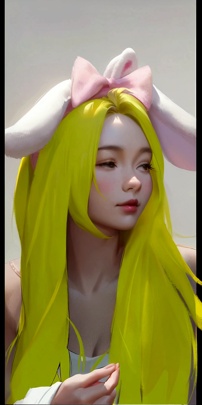 there is a woman with long Yellow hair and a pink bow, Yellow hair, painted in anime painter's studio, with rabbit ears largas y caídas, long Yellow hair, made with anime painter studio, with rabbit ears, light Yellow hair, guweiz, artwork in the style of guweiz, with big rabbit ears, CL, anime realism style, light yellow tone