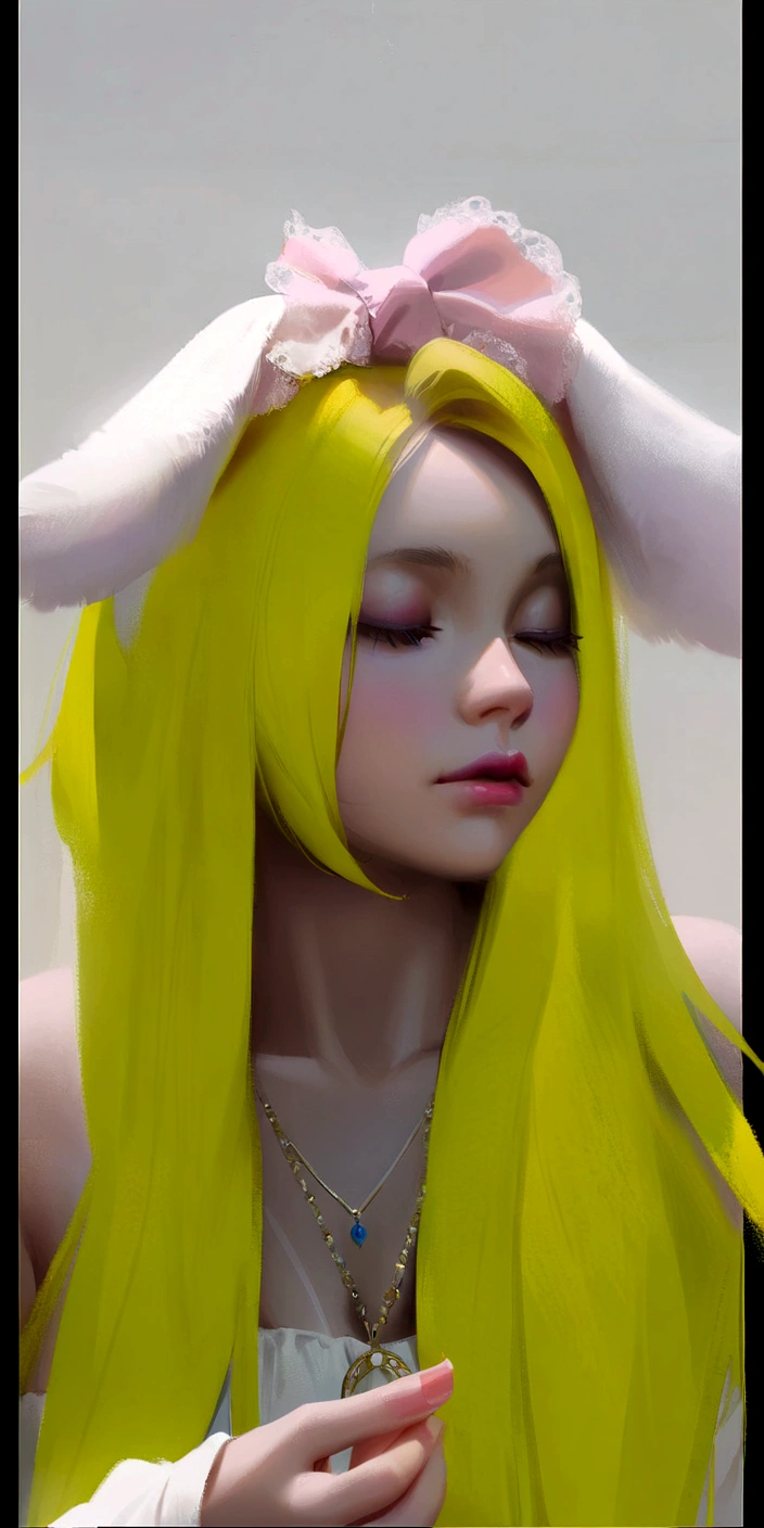 there is a woman with long Yellow hair and a pink bow, Yellow hair, painted in anime painter's studio, with rabbit ears largas y caídas, long Yellow hair, made with anime painter studio, with rabbit ears, light Yellow hair, guweiz, artwork in the style of guweiz, with big rabbit ears, CL, anime realism style, light yellow tone