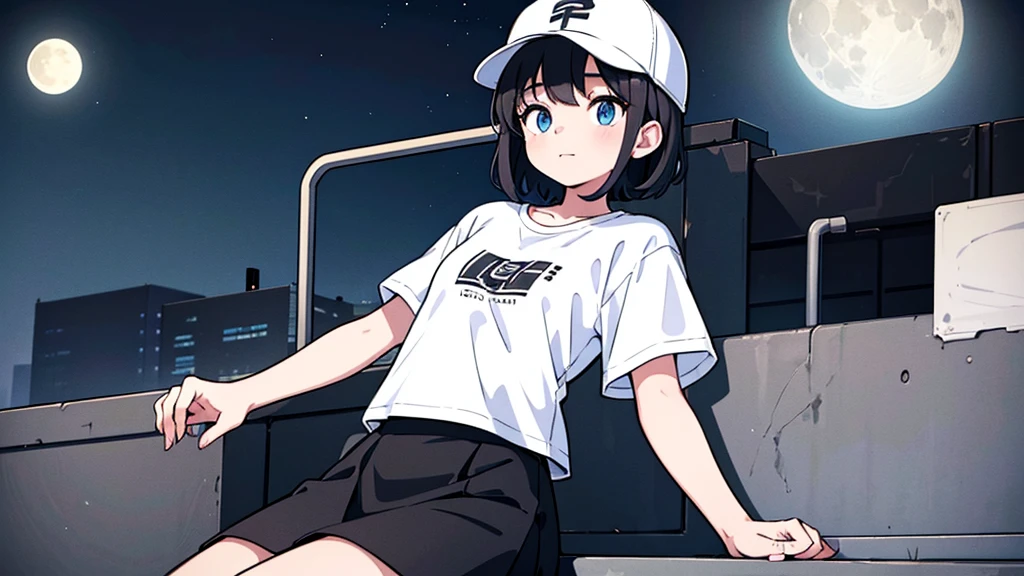 1girl, solo, blue eyes, (detailed eyes), flat chest, short hair, black hair, baseball cap, white cap, ((white t-shirt)), simple t-shirt, black skirt, black socks, upper body, ((masterpiece, illustration, best quality)) sitting on the rooftop during night time with the shiny moon in the background while wearing white headphones