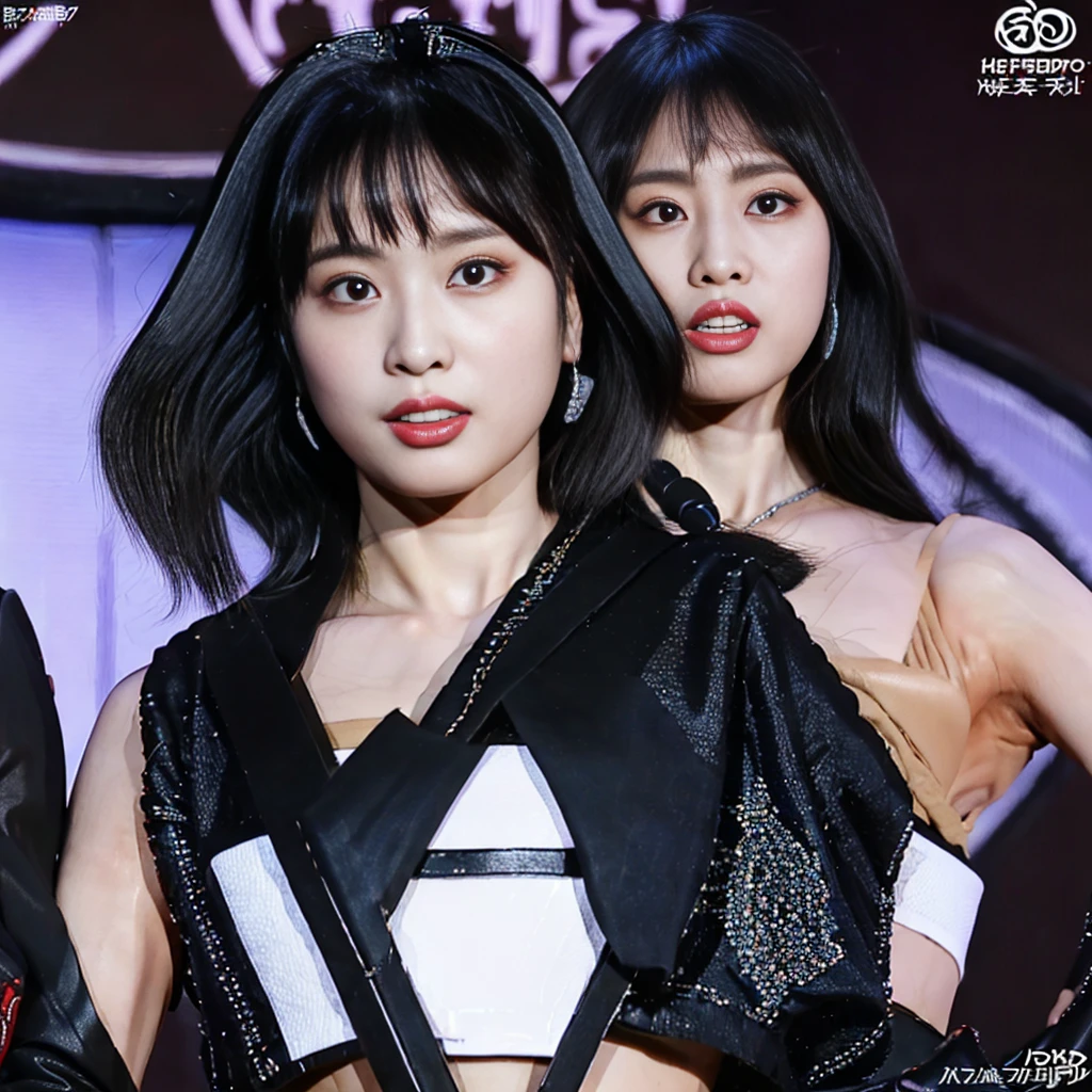 Highest quality，masterpiece，Very detailed, 8K，Beautiful 27 year old Japanese woman:1.5, Small face, blunt bangs, Crucified Woman:1.5, (Detailed black K-pop idol outfit:1.5),　Breast Augmentation Surgery, Very detailedな臭い脇の下、　Live Stage、　tall