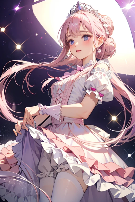 Center Stage has pale skin and lavender eyes. She wears pale pink blush and lipstick, and she has pink eyebrows. Her apricot hair is worn in buns with braided hair around the base, held by a white bow. She has straight cut bangs with a tiny split on the side, and on her head is a white band with tiara. Her attire is a shiny light pink ballerina dress with frilly layered lilac sleeves and a bodice held by lilac ribbon beneath a bow. Her skirt has a ruffled layered trim of lilac, and she wears pink tights and white ballet shoes. SPARKLE; GLITTER