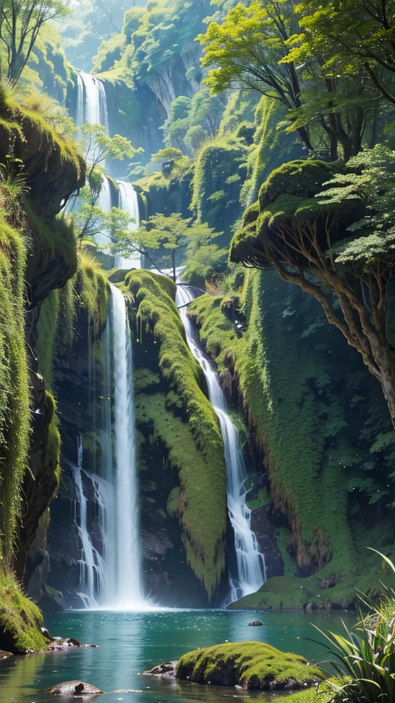 Waterfall conveys four adventurers natural fantasy landscape fairy green, golden ratio, animated detail, delicate, QuixelMegascans trend, perfect image, super high resolution, perfect composition, detailed, super color, (high detail skin: 1.2), 8k ultra high definition, DSLR camera, soft lighting, high quality, film grain, Fujifilm XT3