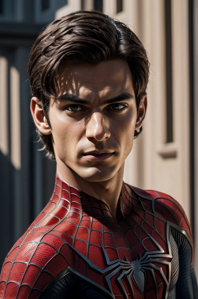 A photograph of Spider-Man., sin mascara, the 20s, elegant, detailed face, looking to the camera, portrait, 8k hd, high quality
