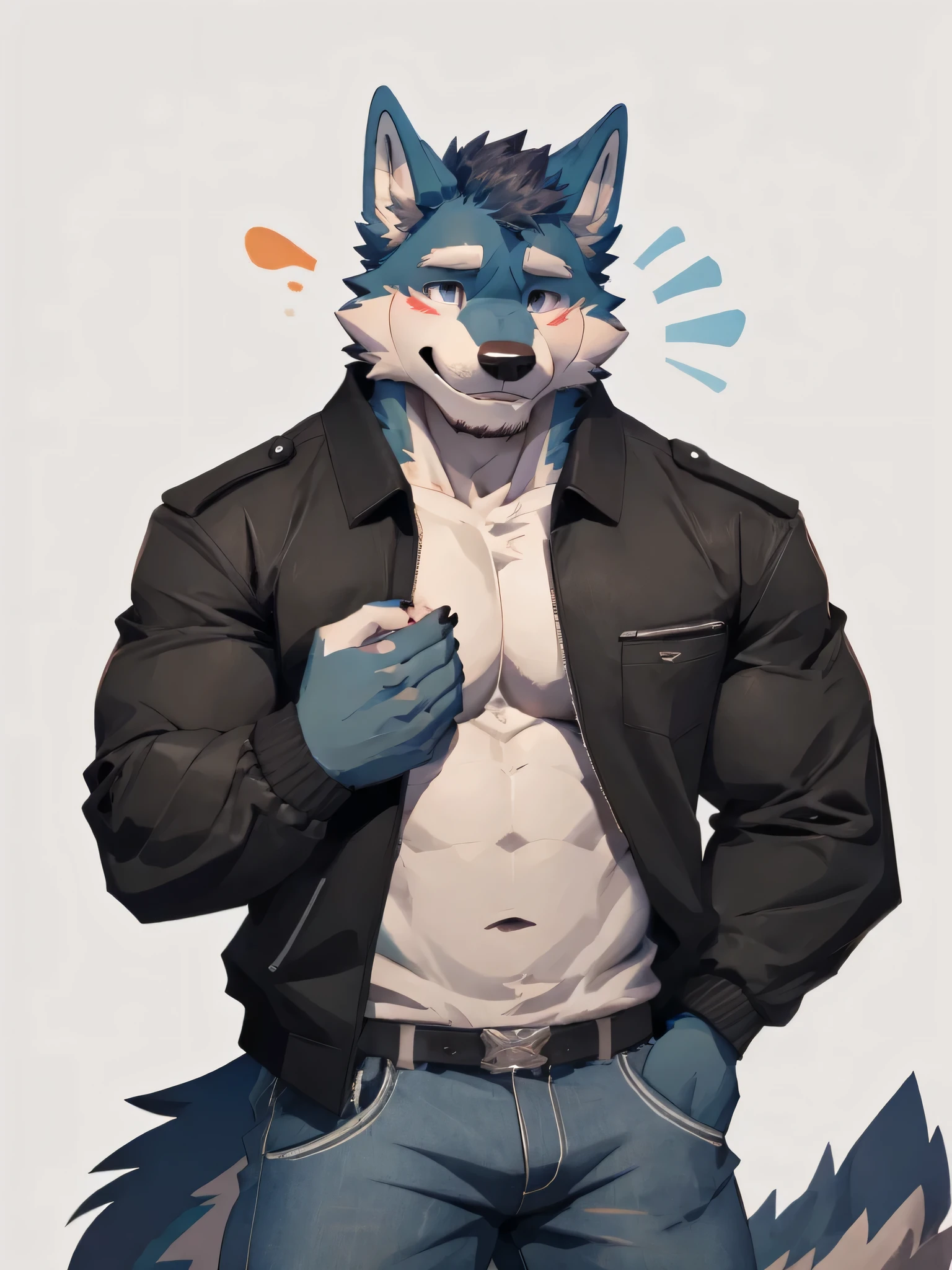 white background, Furry, wolf, male, muscular, big muscles, wearing jacket, wearing, jeans, full body, look at viewer, blushing, shy, smiling, closed eye