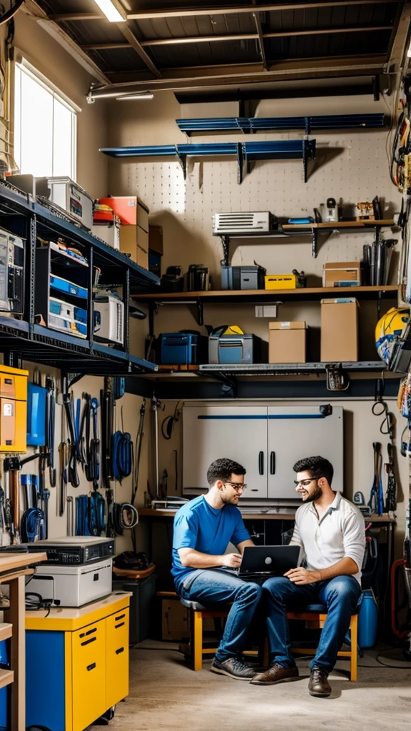 Two men sitting beside a computer in a garage room