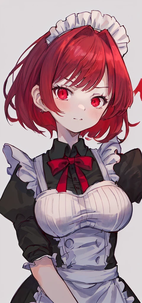 Red hair,Hair growing to the neck,Slightly short,Self-made roll,Black maid outfit,Cold expression,1.53 meters,Big Breasts,Shorter,Good posture,Sharp eyes,High and cold,Chuckling,Front view,The body is strong,