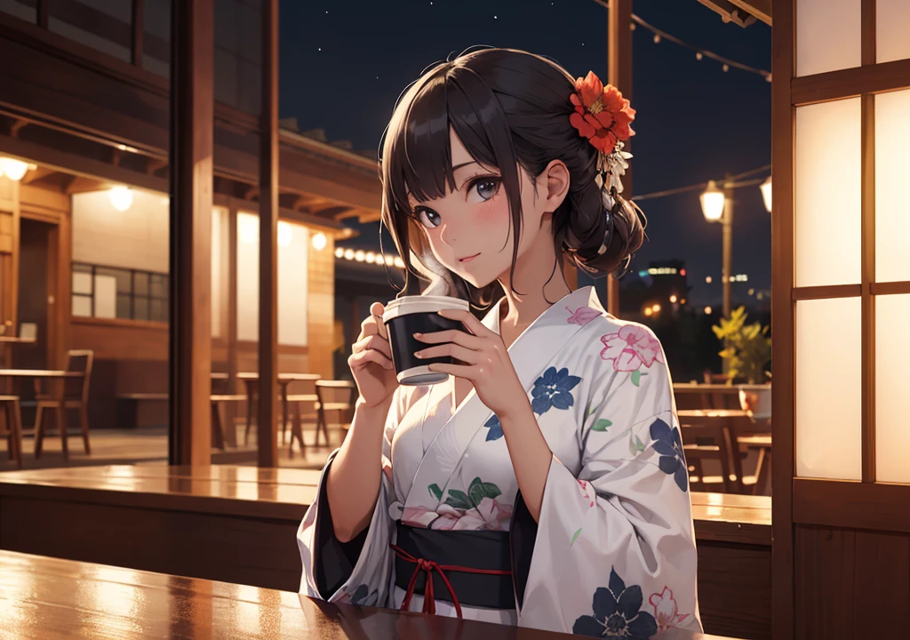 ((Highest quality)), ((masterpiece)), (detailed), One girl, yukata, Drink coffee, night,indoor, Perfect Fingers