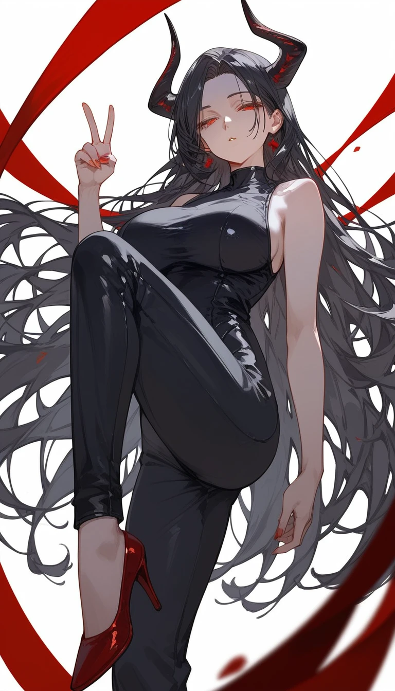 masterpiece, Score_9, Score_8_up, Score_7_up, front view, 1 woman, alone, black hair with red, long hair, parted bangs, dark red eyes, half-closed eyes, parted lips, expressionless, pale skin, large breasts, body suit, black bottom, best quality, horns up, long open bangs, black sleeveless shirt, black V-neck, red baggy pants, high heels.