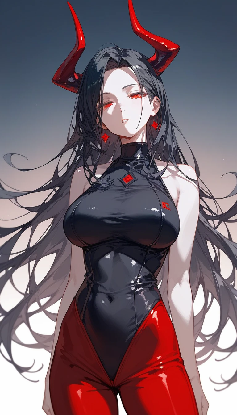 masterpiece, Score_9, Score_8_up, Score_7_up, front view, 1 woman, alone, black hair with red, long hair, parted bangs, dark red eyes, half-closed eyes, parted lips, expressionless, pale skin, large breasts, body suit, black bottom, best quality, horns up, long open bangs, black sleeveless shirt, black V-neck, red baggy pants, high heels.