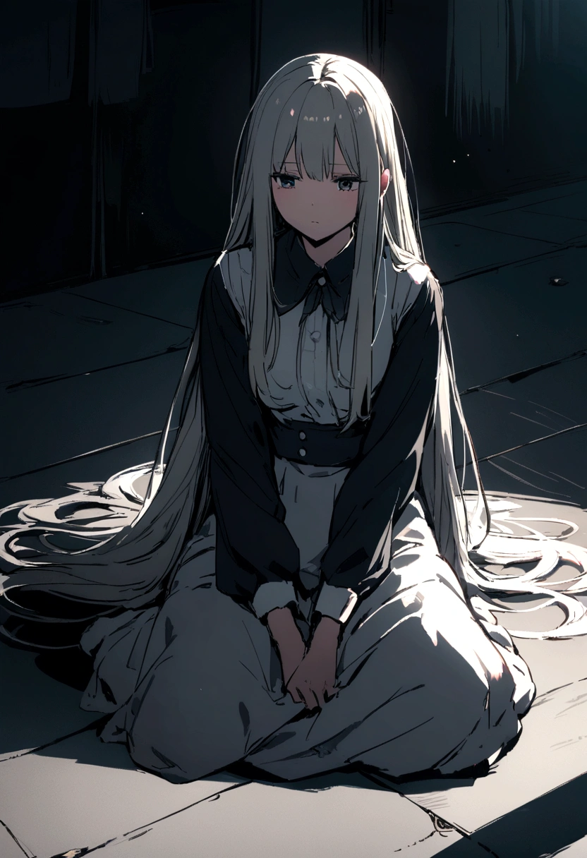 Long-haired woman sitting on the floor、front、Straight Hair