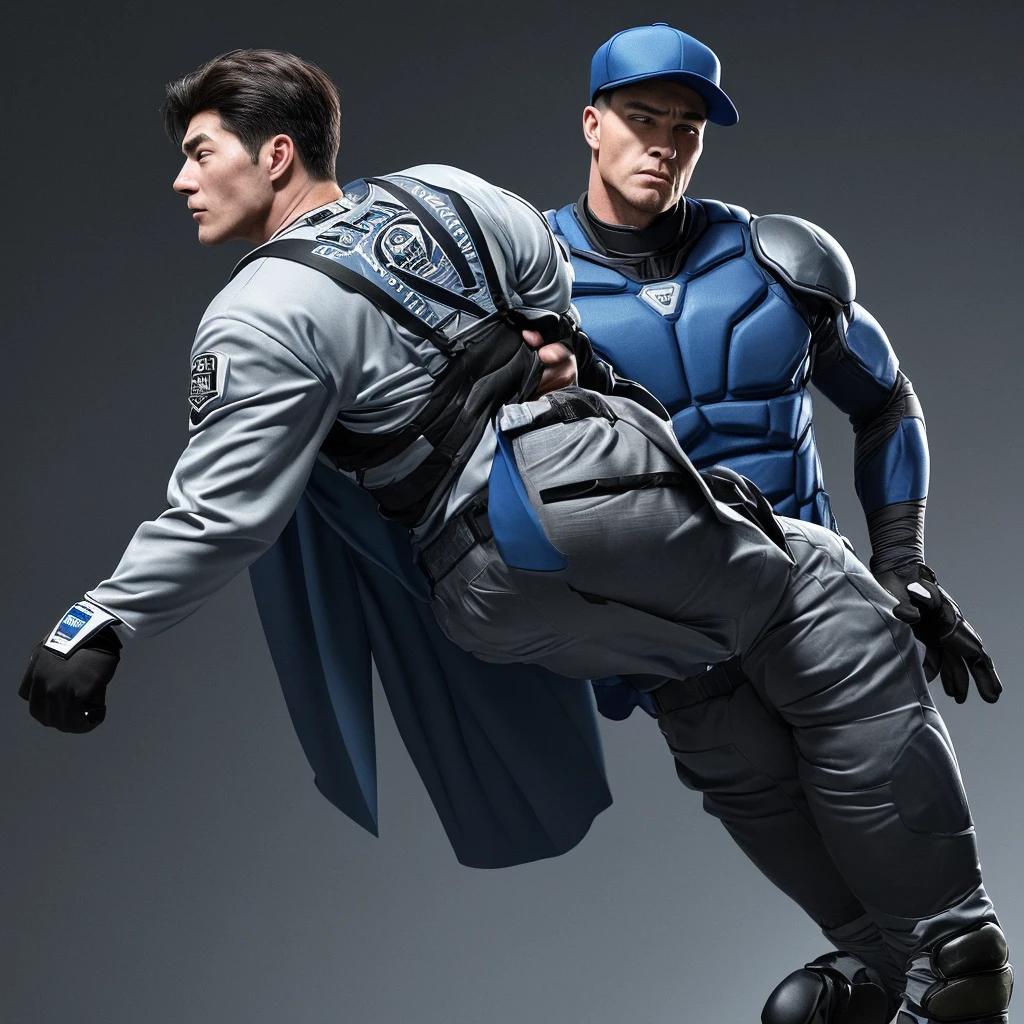 A realistic 3D male model in full body composition, wearing a full body hero suit and cape in the pattern of a professional baseball uniform, a very short haired, crew cut, cool, dandy-like, veteran-aged man with a shiny, sparkling blue cape that is longer than his body, gloves and a cap are always worn, an original hero, only the eyebrows, eyelashes and eyes are visible, his mouth is bandaged and sealed, the upper half of his face is bare with a sharp gaze, he has six pack abs, a muscular macho man with a sturdy body, he has both legs closed, his hands are clasped behind his back in an X shape, his whole body is bound and sealed with duct tape and he is held down. He has collapsed from exhaustion and is sleeping with his eyes closed. A coat of arms, in a dark room background, his whole body facing forward, backward, left and right (north, south, east and west), an image of him being restrained and mummified.
