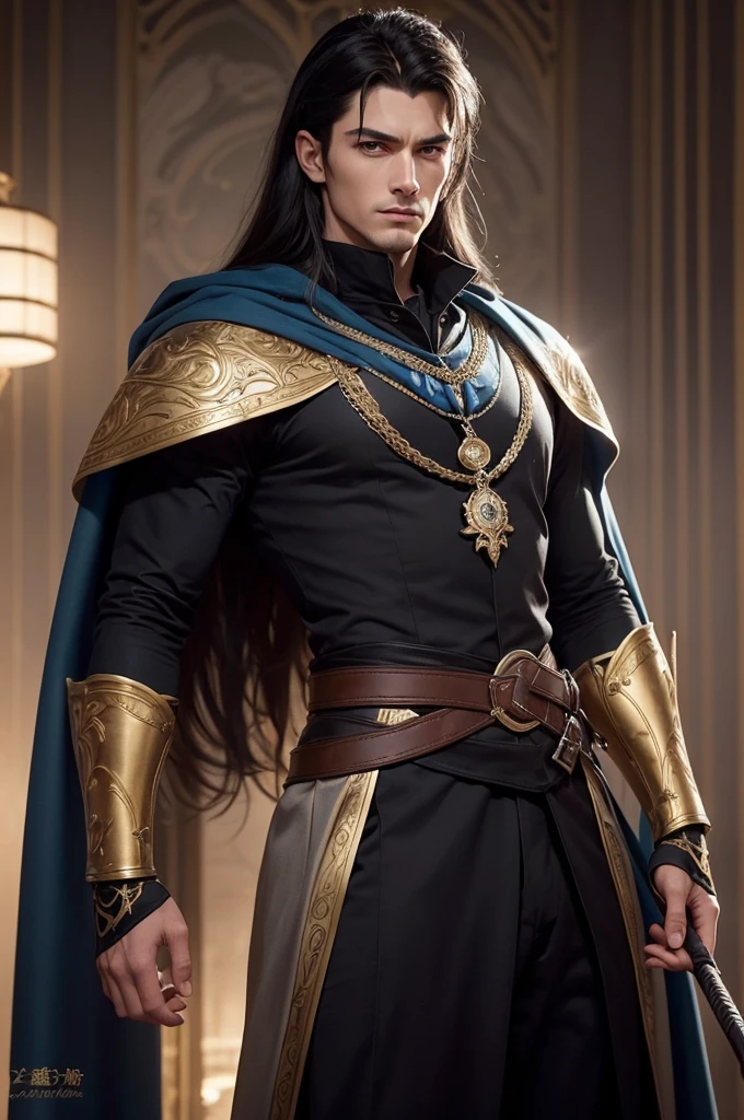 **male character:**
He is a man of about 1,76 meters high, aged 26. Your body is lean and athletic, demonstrating an agile strength. Her hair is black as night, contrasting vividly with his dark blue eyes, that seem to capture light intensely. His face is striking, with angular features that convey an air of nobility and mystery. The women around you are often mesmerized by your natural charm.
Dressed like a medieval prince, he wears an elegant overcoat adorned with golden details and a refined sword strapped to his waist. His posture is confident and his expression, serena, reveals a combination of courage and nobility. He is a figure who exudes leadership and determination, ready to face challenges with courage and cunning.