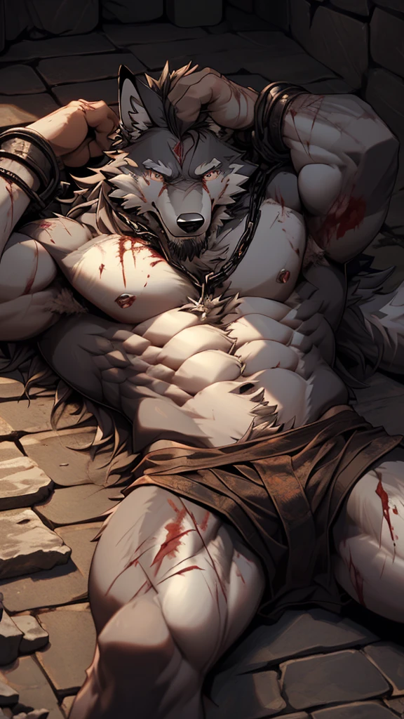 (best quality), (photorealistic:1.2), (masterpiece:1.3), (realistic detail:1.2), highest quality, ultra detailed, 8k, RAW photo, (mature male wolf:1.3), (extreme detail:1.3), (gray fur:1.2), facial hair, long hair, white braided hair, (blood:1,6),(elderly:1.2), (emaciated:1.3), nude, (muscular:0.9), (battered body:1.4), bleeding, (heavily scarred:1.4), shackled, (chained:1.4), (dungeon:1.3), (torture:1.3), (extreme pain:1.5), (semiconscious:1.3), (lying on ground:1.3), (weak:1.4), (suffering:1.5), (dim lighting:1.2)