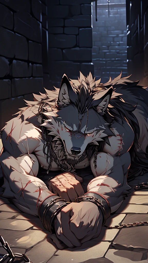 (best quality), (photorealistic:1.2), (masterpiece:1.3), (realistic detail:1.2), highest quality, ultra detailed, 8k, RAW photo, (mature male wolf:1.3), (extreme detail:1.3), (gray fur:1.2), facial hair, long hair, white braided hair, (blood:1,6),(elderly:1.2), (emaciated:1.3), nude, (muscular:0.9), (battered body:1.4), bleeding, (heavily scarred:1.4), shackled, (chained:1.4), (dungeon:1.3), (torture:1.3), (extreme pain:1.5), (semiconscious:1.3), (lying on ground:1.3), (weak:1.4), (suffering:1.5), (dim lighting:1.2)