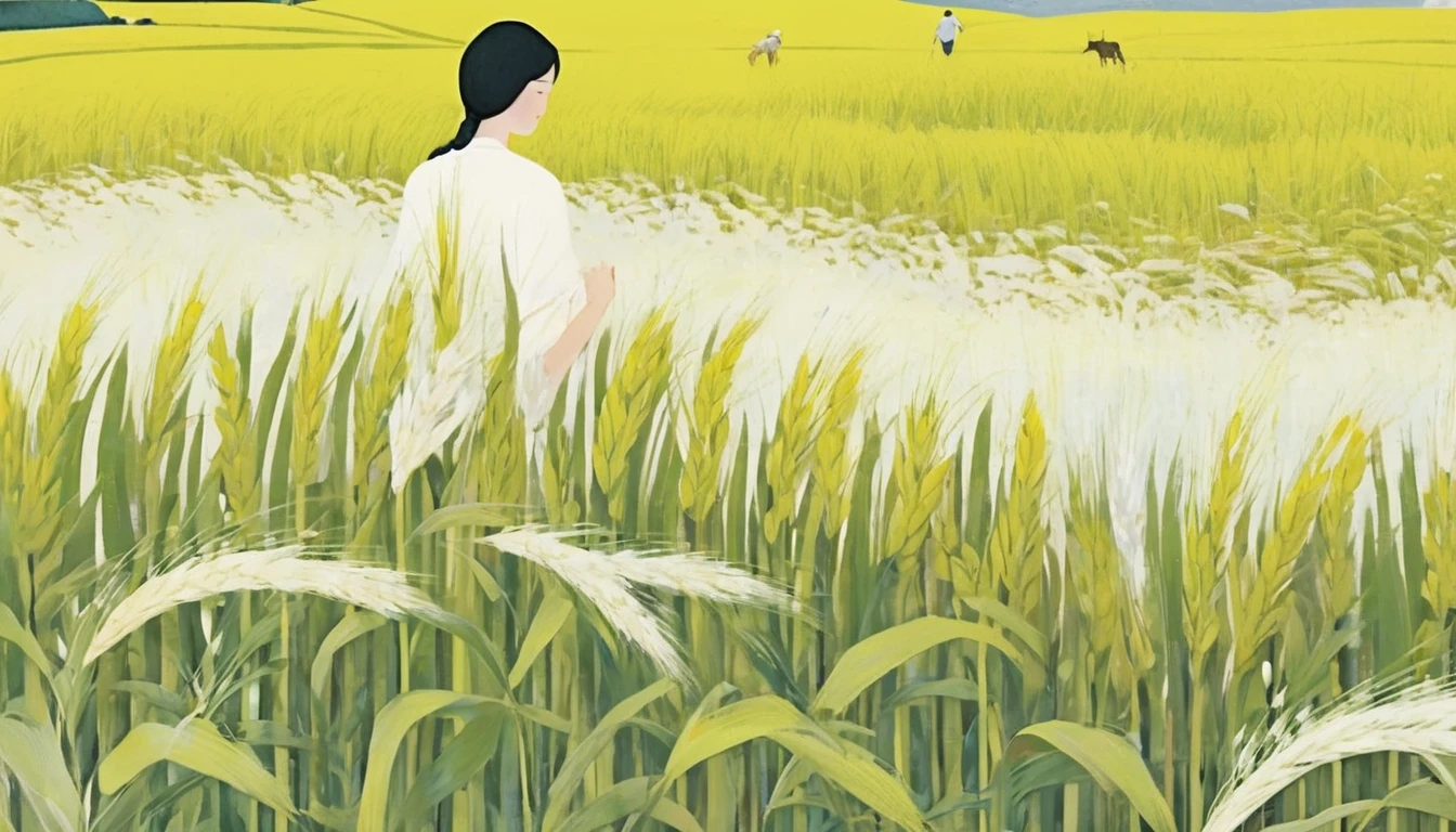 A beautiful illustration, Endless rice fields, half yellow half green, Will Barnett (Will Barnet) modeling, Attached are 50D movie stills, Idyllic, Rural, panoramic,