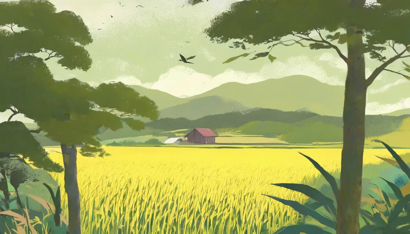 A beautiful illustration, Endless rice fields, half yellow half green, Will Barnett (Will Barnet) modeling, Attached are 50D movie stills, Idyllic, Rural, panoramic,