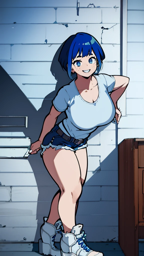 Girl, blue hair, blue eyes, short hair, flowers earrings, freckles, big boobs ,white t shirt, mini shorts, white high heels, thicc, standing smiling.