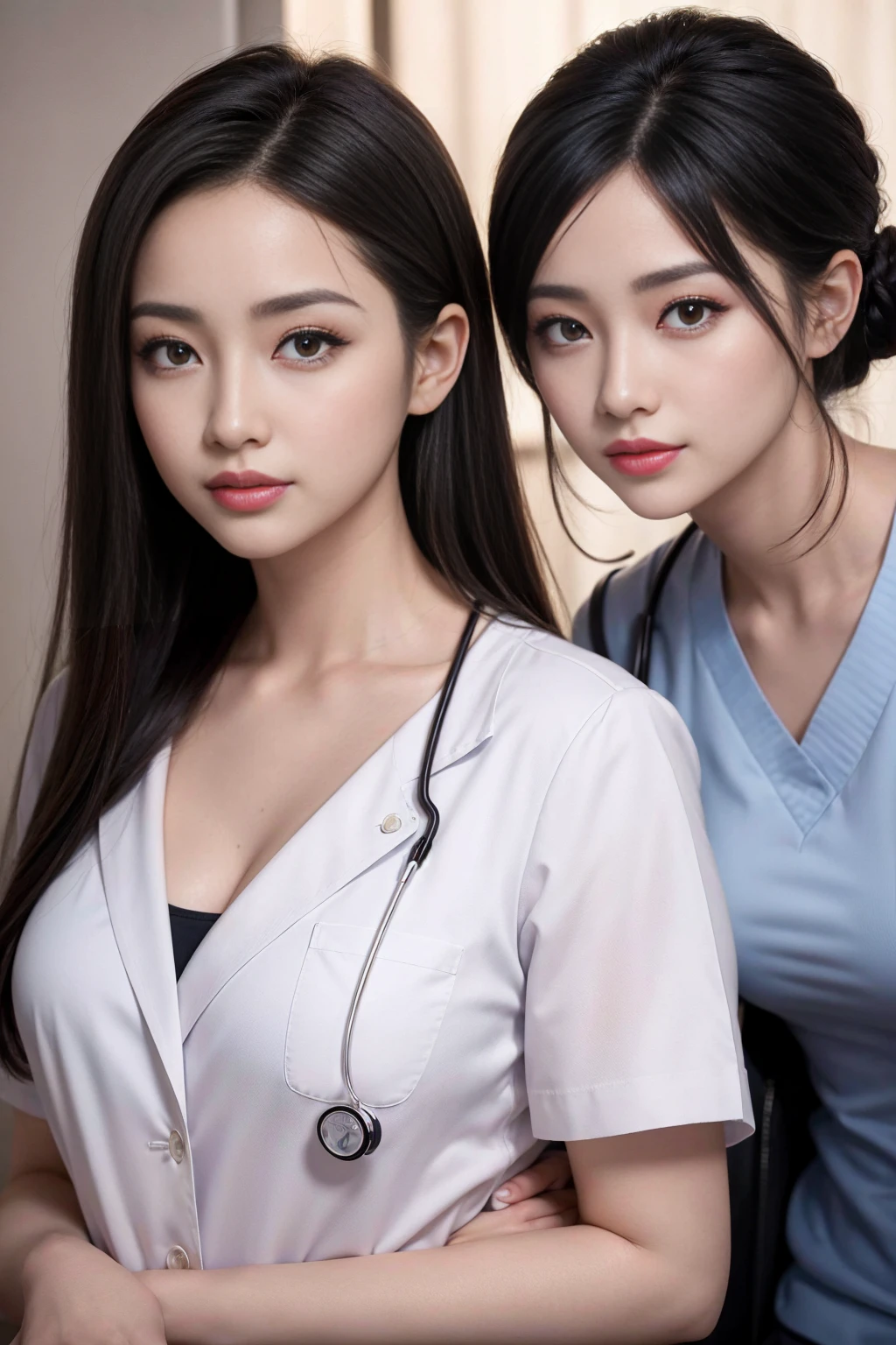Realistic beautiful doctor、Stunningly beautiful、Doctor's white coat, Collared shirt、(Top quality、8K、32K、masterpiece、North African Trade Zone:1.3)、Ultra-high resolution,(Reality:1.4),Original Photography, Detailed face,,Beautiful hair, ((Doctor style)),,((Leg length)), (Thigh gap:1.5), , Black tight skirt、 Natural Makeup,, Big plump breasts、In the hospital, Detailed background, Perfect lighting, Depth of Field, Beautiful shadow gradient,Stethoscope ,Full body proportion photo