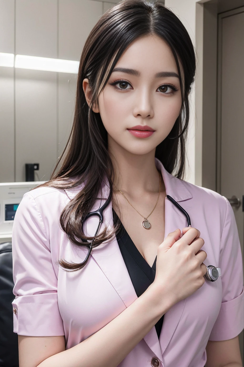 Realistic cosmetic doctor、Stunningly beautiful、Doctor's white coat, Collared shirt、(quality、8K、32k、masterpiece、North African Trade Zone:1.3)、Ultra-high resolution,(Reality:1.4),Original Photography, Detailed face,,Beautiful hair, ((Doctor style)),,((Leg length)), (Thigh gap:1.5), , Black tight skirt、 Natural Makeup,, full、Inside the hospital, Detailed background, perfect ligthing, Depth of Field, Beautiful shadow gradient,Stethoscope ,