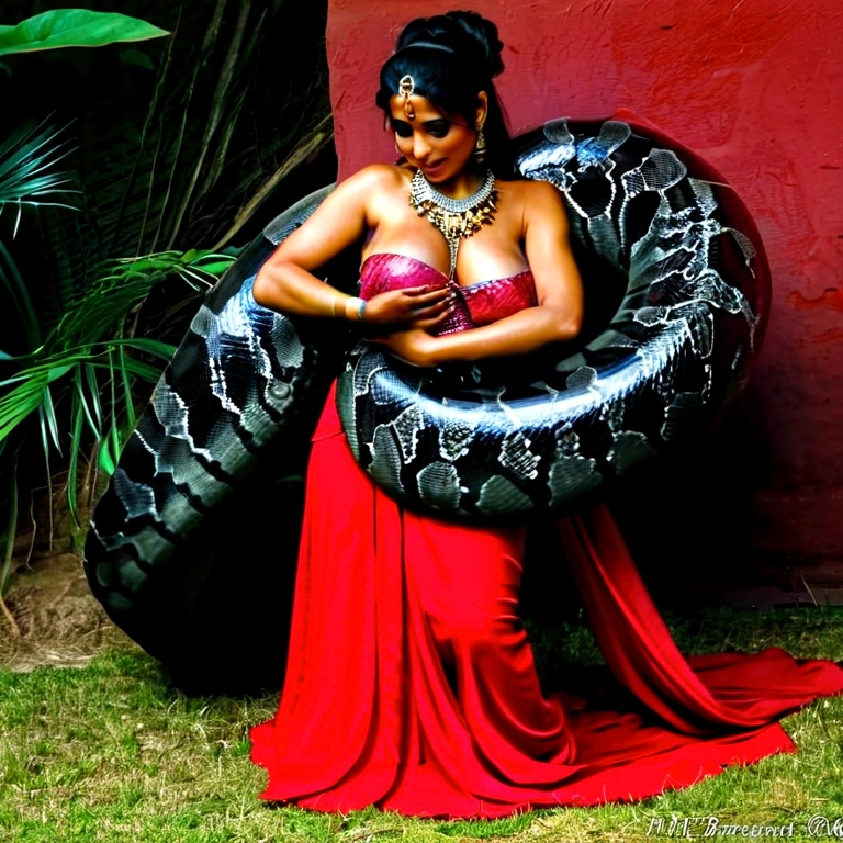 Pregnant Happy Horny, aroused 1girl), beautiful kneeling indian young  belly dancer girl  with  giant colossal black Titanboa squeezing her hard, wrapped in thick spiraling coils, constricted, struggle, gasping for air, snake attack, snake peril, moonless night, dim light