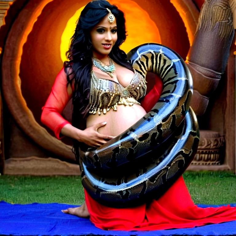 Pregnant Happy Horny, aroused 1girl), beautiful kneeling indian young  belly dancer girl  with  giant colossal black Titanboa squeezing her hard, wrapped in thick spiraling coils, constricted, struggle, gasping for air, snake attack, snake peril, moonless night, dim light