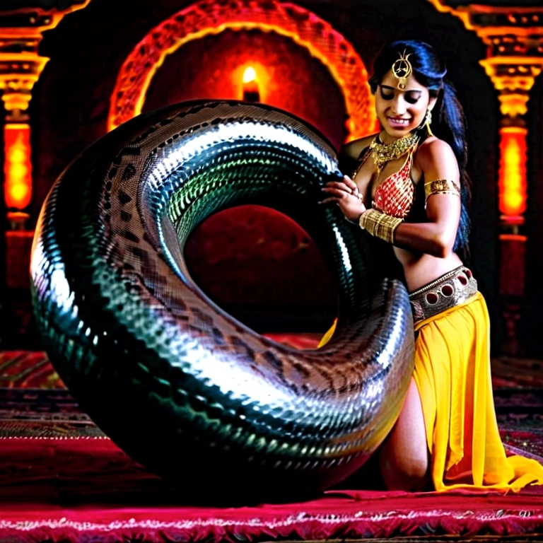 Pregnant Happy Horny, aroused 1girl), beautiful kneeling indian young teen belly dancer girl with giant colossal black Titanboa squeezing her hard, wrapped in thick spiraling coils, constricted, struggle, gasping for air, snake attack, snake peril, moonless night, dim light