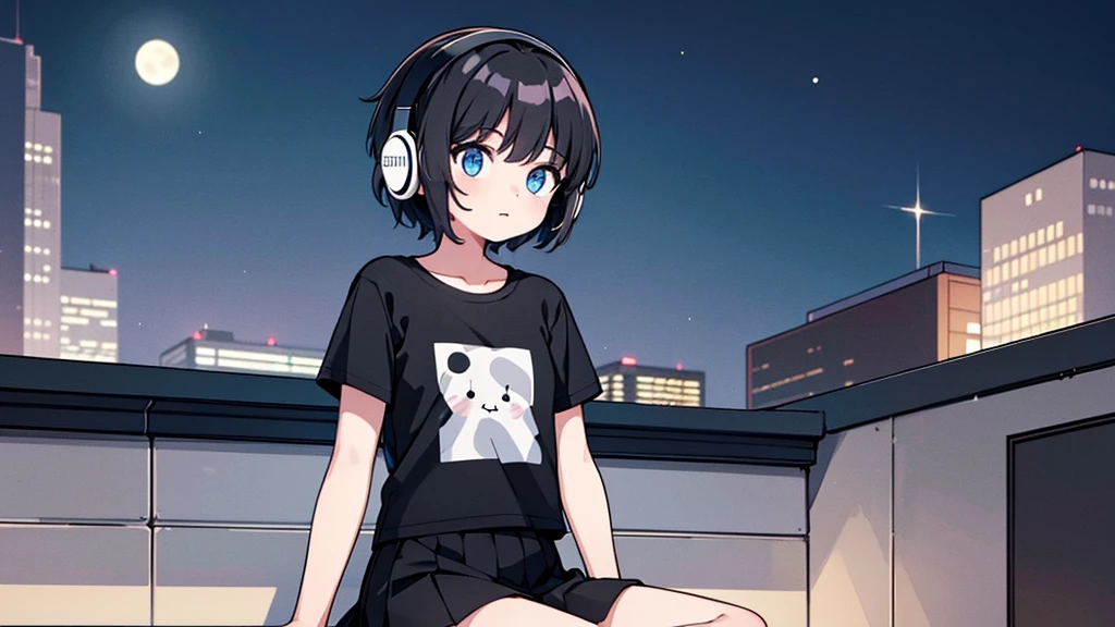 1girl, solo, blue eyes, (detailed eyes), flat chest, short hair, black hair ((white t-shirt)), simple t-shirt, black skirt, black socks, upper body, ((masterpiece, illustration, best quality)) sitting on the rooftop during night time with the shiny moon in the background while wearing white headphones