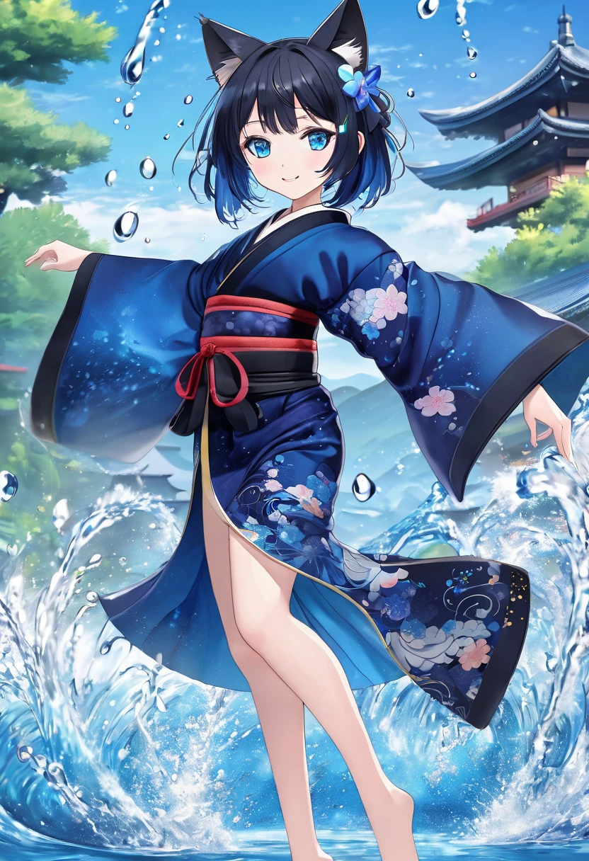 1 girl, masterpiece, highest quality, high definition, 8K, anime style, dark blue hair, cat ears, medium hair, blue eyes, smile, knee-length black kimono with blue pattern, , cute , delicate, dancing, water droplet effect, high quality, 8K