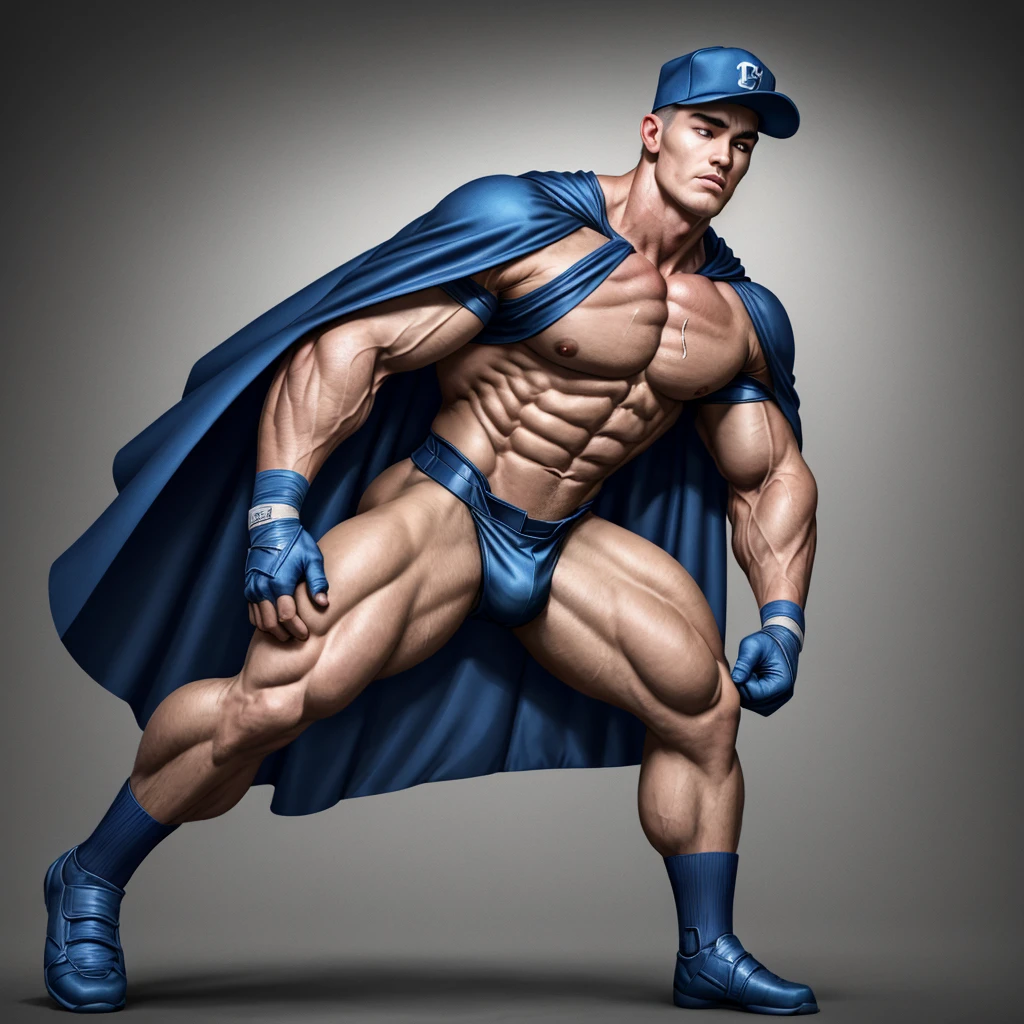 A realistic 3D male model in full body composition, wearing a full body hero suit and cape in the pattern of a professional baseball uniform, a very short haired, crew cut, cool, dandy-like, veteran-aged man with a shiny, sparkling blue cape that is longer than his body, gloves and a cap are always worn, an original hero, only the eyebrows, eyelashes and eyes are visible, his mouth is bandaged and sealed, the upper half of his face is bare with a sharp gaze, he has six pack abs, a muscular macho man with a sturdy body, he has both legs closed, his hands are clasped behind his back in an X shape, his whole body is bound and sealed with duct tape and he is held down. He has collapsed from exhaustion and is sleeping with his eyes closed. A coat of arms, in a dark room background, his whole body facing forward, backward, left and right (north, south, east and west), an image of him being restrained and mummified.